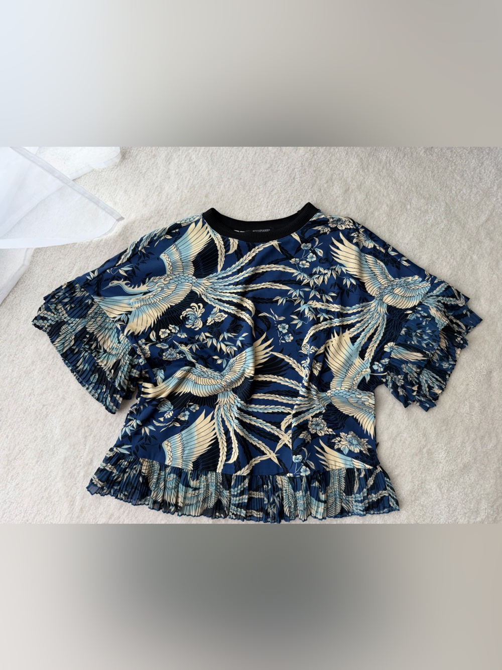 Scotch & Soda Stargazer Floral Crane Print Navy Ruffle Short-Sleeve Top